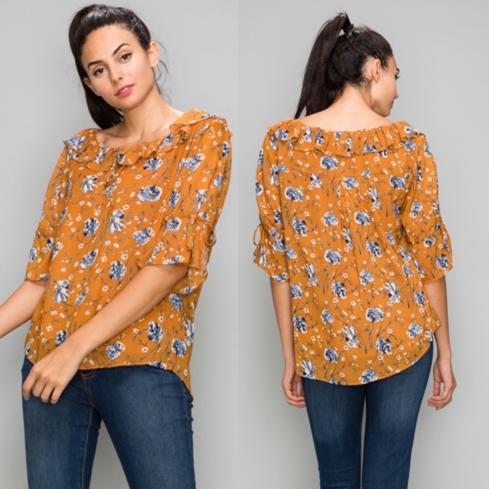 Mustard yellow Blouse with blue floral print